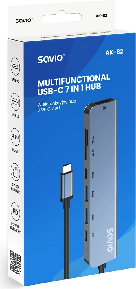 USB-C razdelilnik Savio AK-82, 7 priključkov, 4K Ultra HD, črn