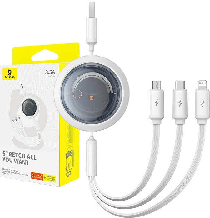 Polnilni kabel 3-v-1 Baseus Free2Draw, USB na micro USB+USB-C+Lightning, 1,1 m, bel
