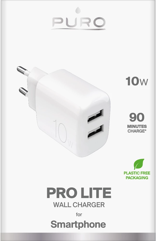 Stenski polnilec Puro PROLITE, 10 W, 2x USB-A, bel