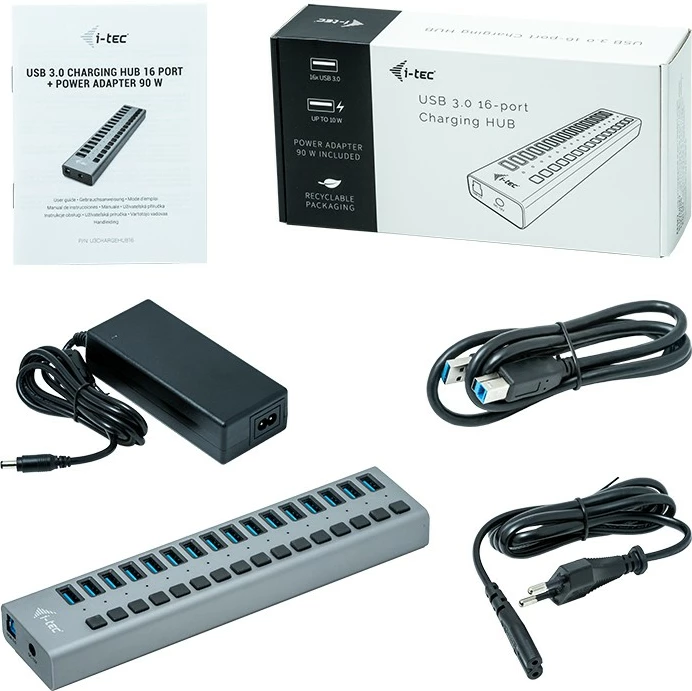 USB razdelilec z napajanjem, 16 vrat, USB 3.0, 90W i-tec U3CHARGEHUB16, siv