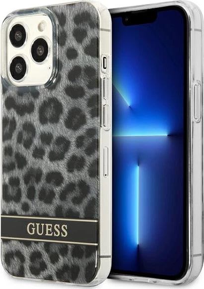 Ovitek z leopard vzorcem za iPhone 13/13 Pro 6,1", trdo ohišje, siva - Guess GUHCP13LHSLEOK