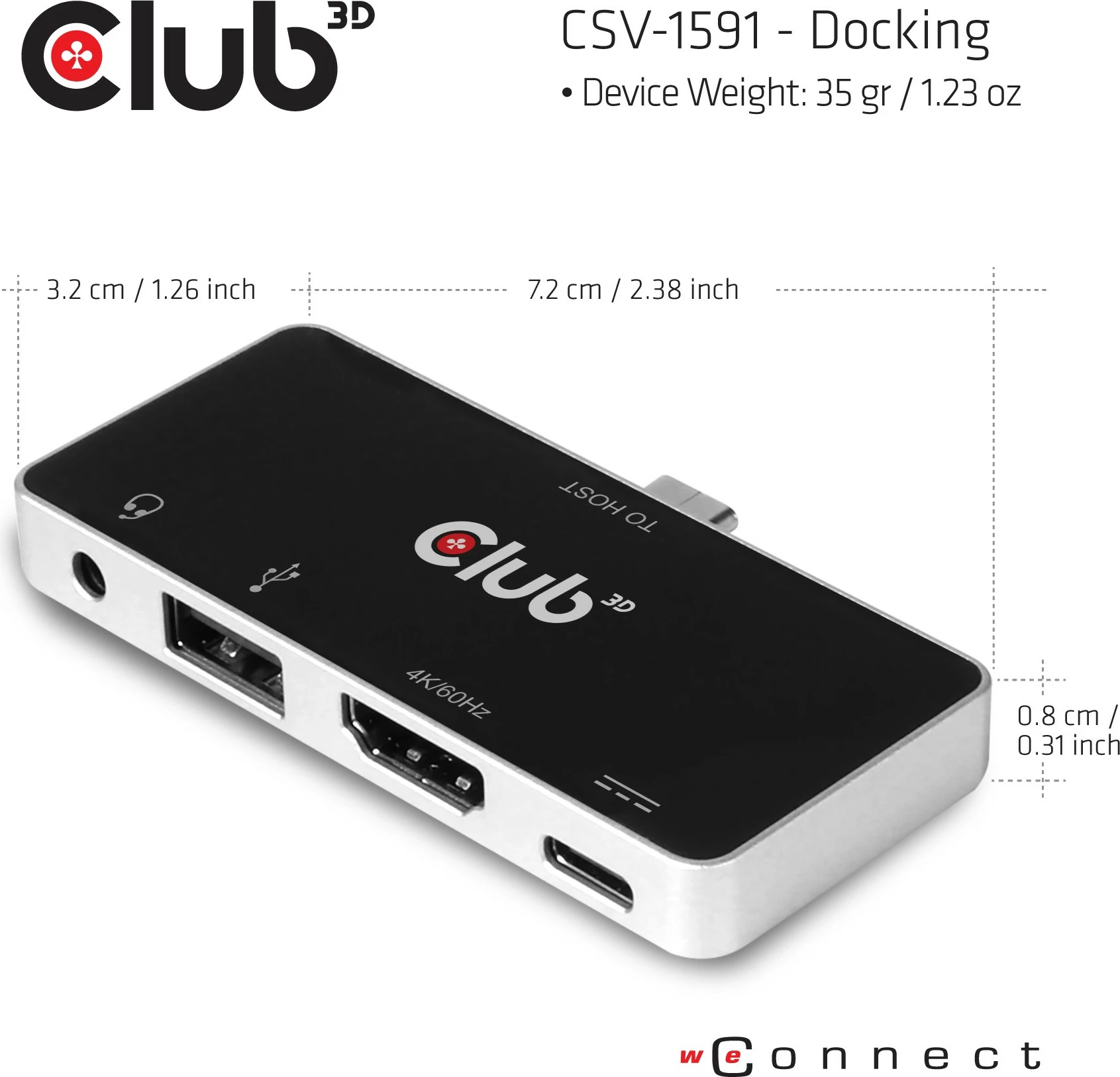 USB-C razširitveni HUB 4v1 Club3D, HDMI 4K60Hz, USB-A, USB-C, avdio, črn/krom