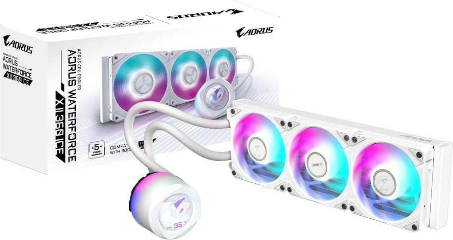 Tekoče hlajenje AORUS WATERFORCE X II 360 ICE, 3x120mm ARGB, LCD, Gigabyte, belo — za Intel LGA 1851 in AMD AM5