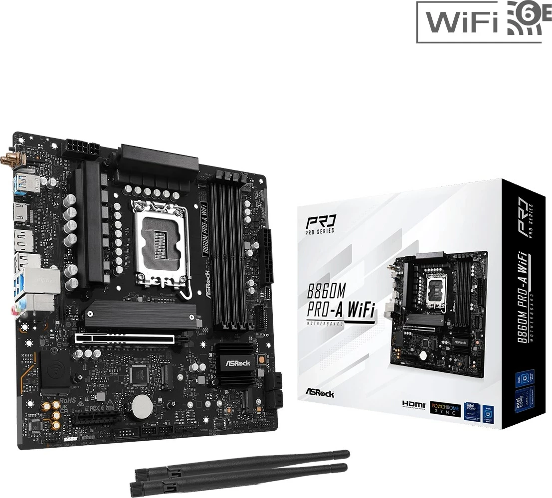 Plošča za matično ploščo ASRock B860M Pro-A WiFi, micro ATX, Socket 1851, 256 GB, črna