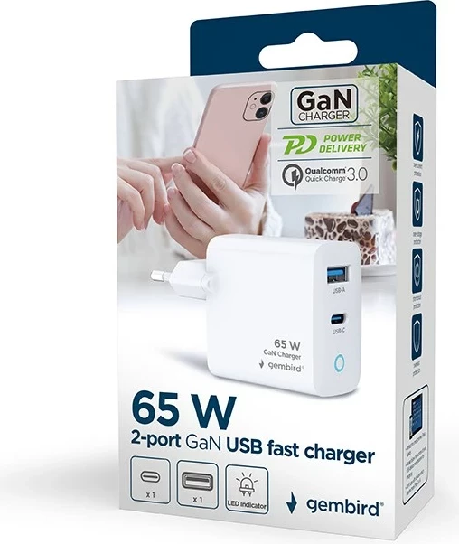 Univerzalni polnilec, 65 W, 2 USB priključka, bel Gembird TA-UC-PDQC65L-W-01