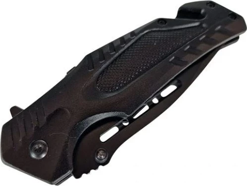 Večfunkcijski reševalni nož AZYMUT H-K2010878 s strgalom za pas, lomilcem stekla in ovitkom, črn