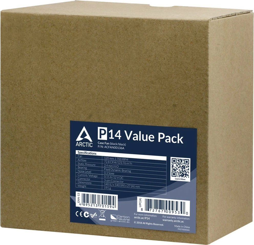 Ventilator za ohišje ARCTIC P14 Value Pack 14 cm 1700 RPM, črn