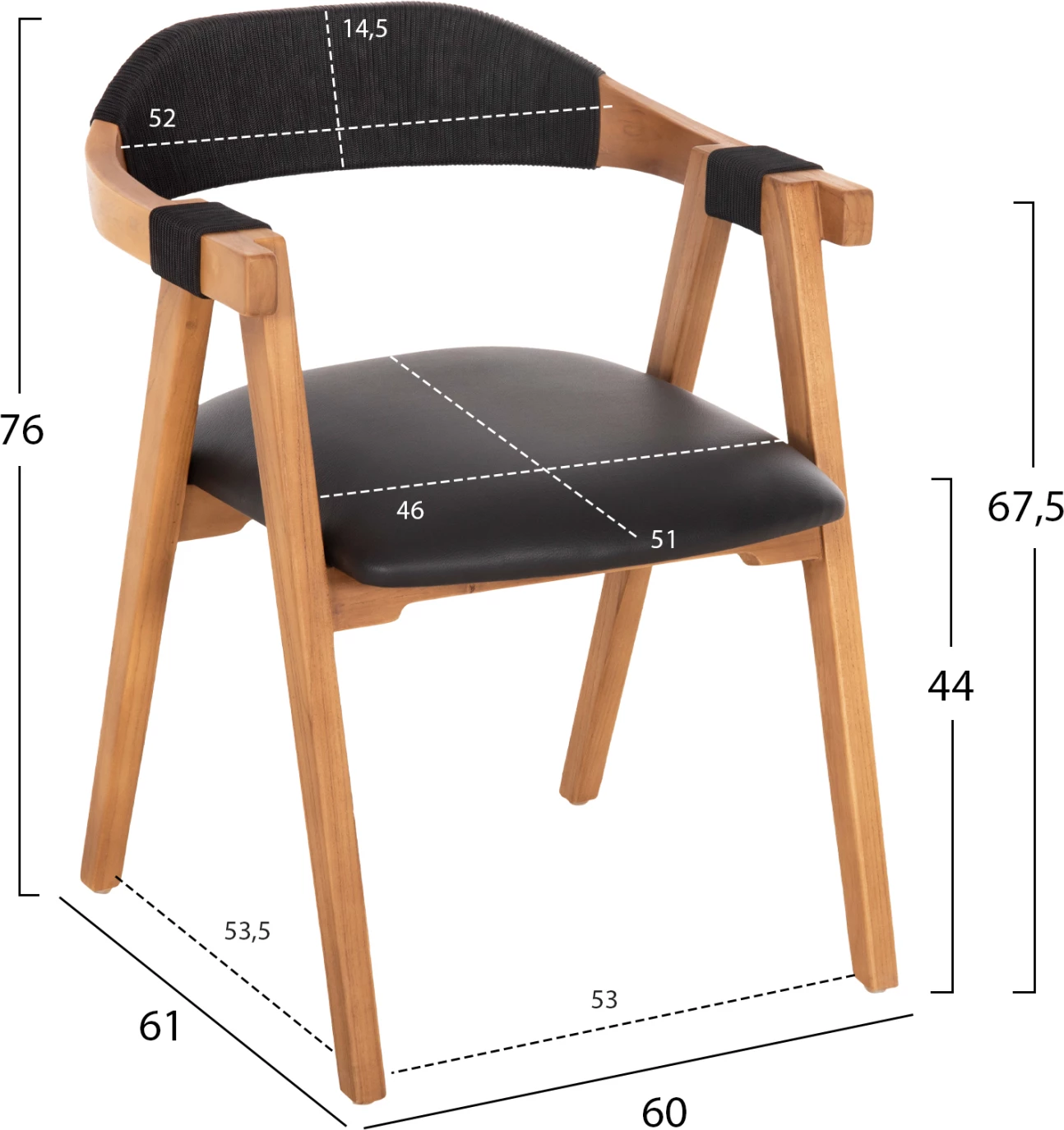 Jedilni naslanjač RIMINI FH9867.02 iz tikovine v naravni-črni vrvi in PU sedežu 60x61x76H cm