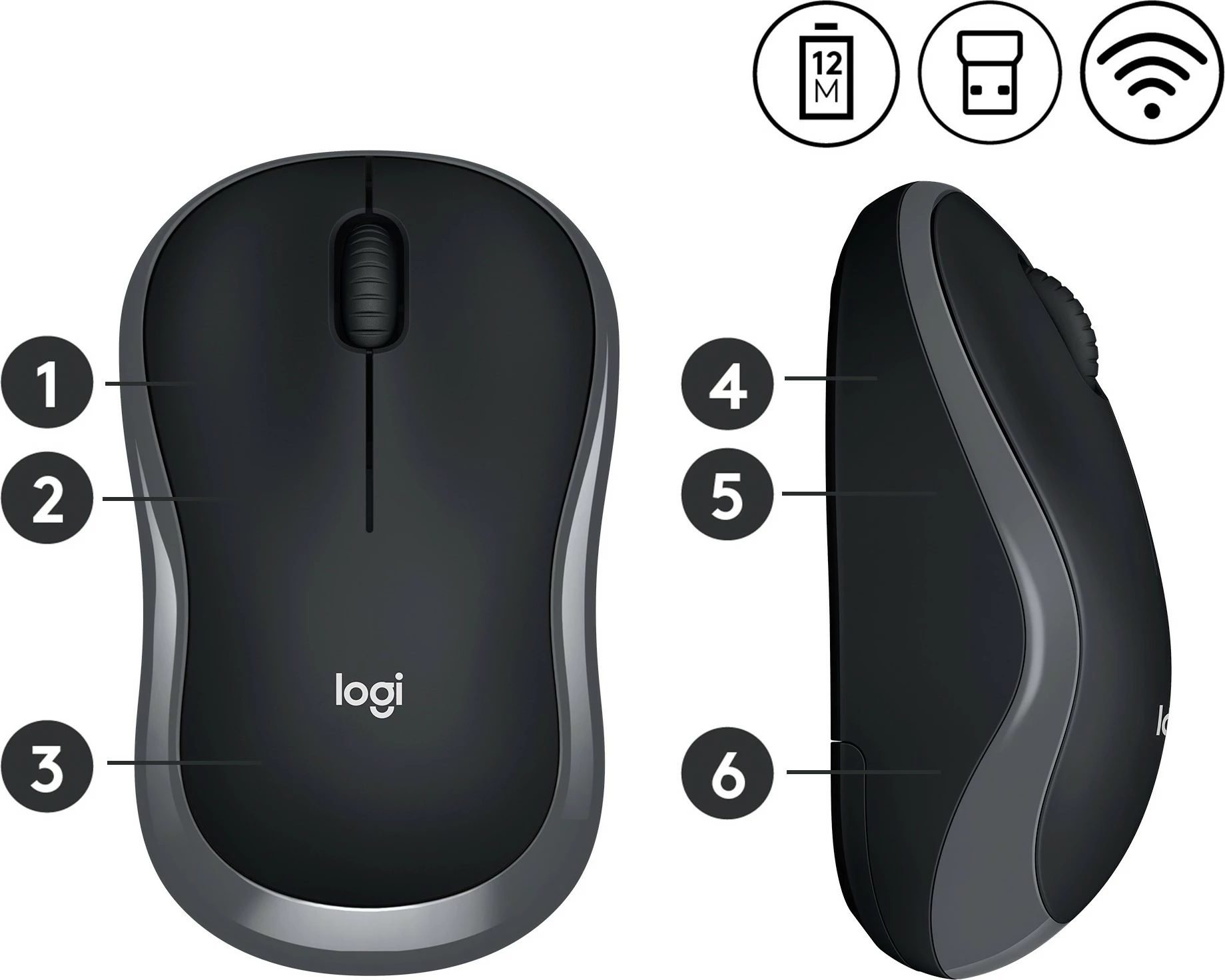 Optični brezžični miš, Logitech M185, ambidekstralna, 1000 DPI, siva