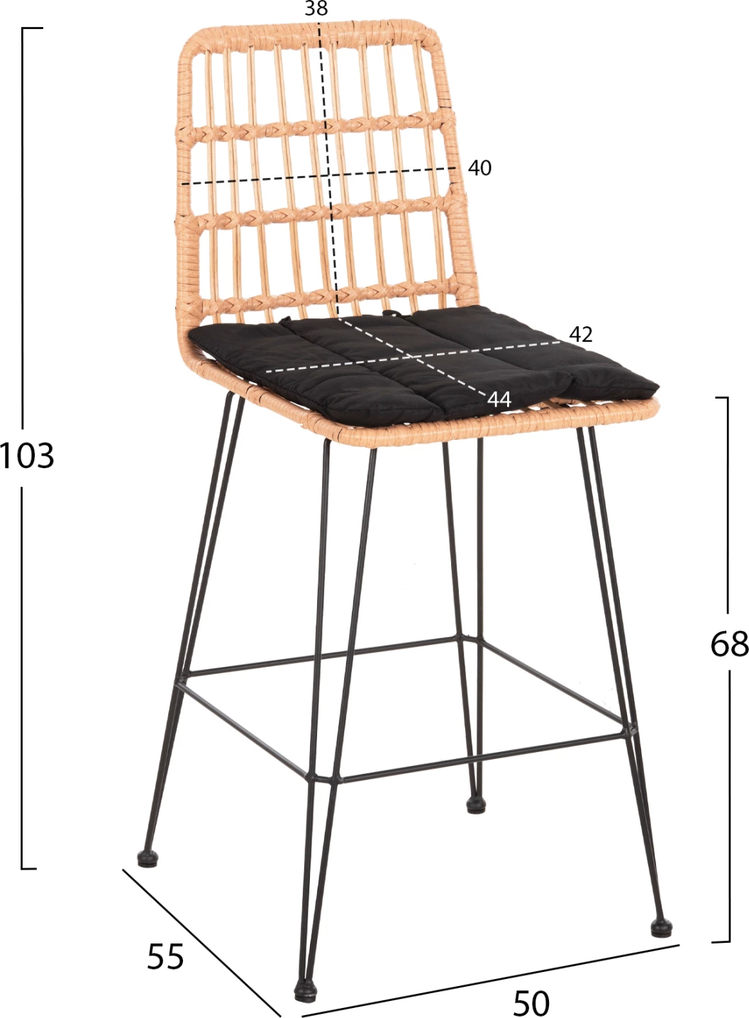 Barski stol srednje višine ALLEGRA FH5643.11 kovina in blazina črna-pletena bež 50x55x103H cm