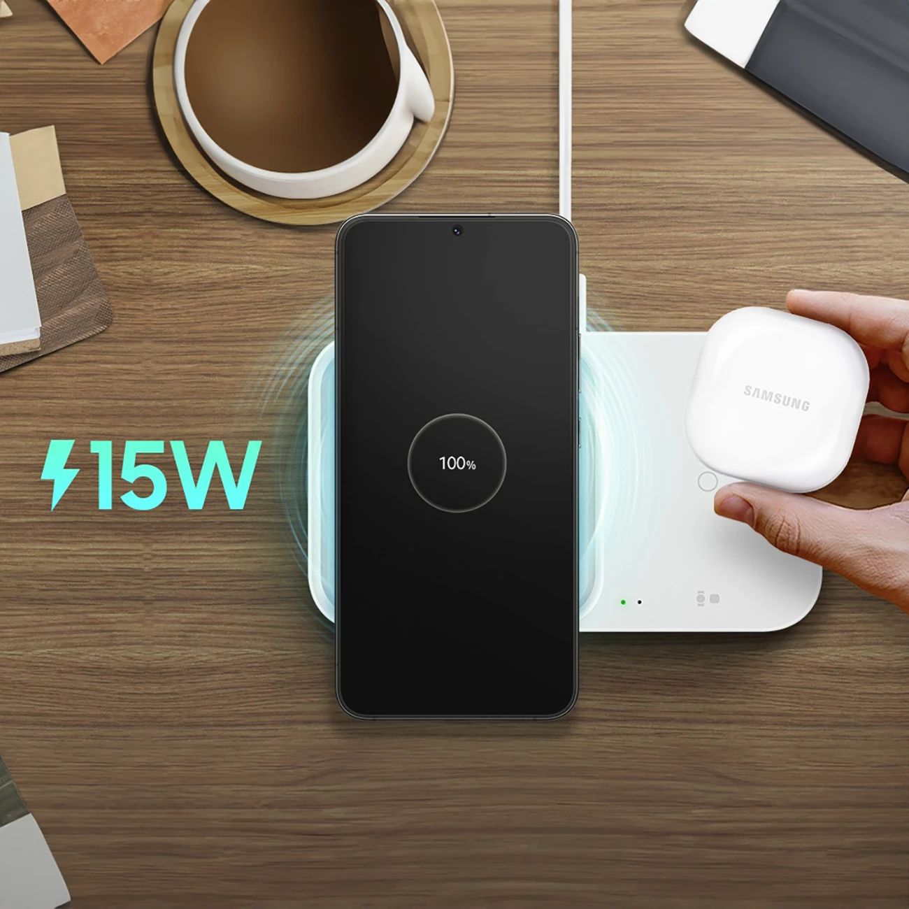 Brezžični polnilec Duo, Samsung Wireless Charger Duo EP-P5400TWEGEU, 15 W, z USB-C kablom, bel, komplet