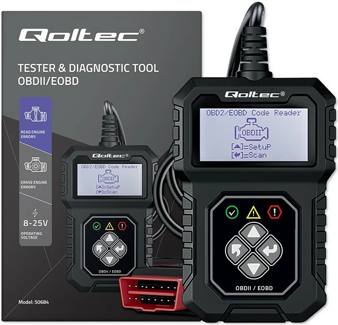 Diagnostični tester OBDII/EOBD, 8V-25V, črn Qoltec ProLine 50684