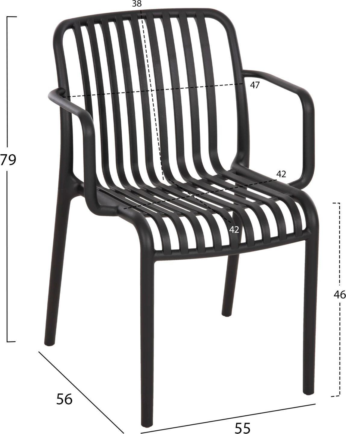 Vrtni naslanjač CONVEE FH6105.02 iz polipropilena v črni barvi 55x56x79H cm
