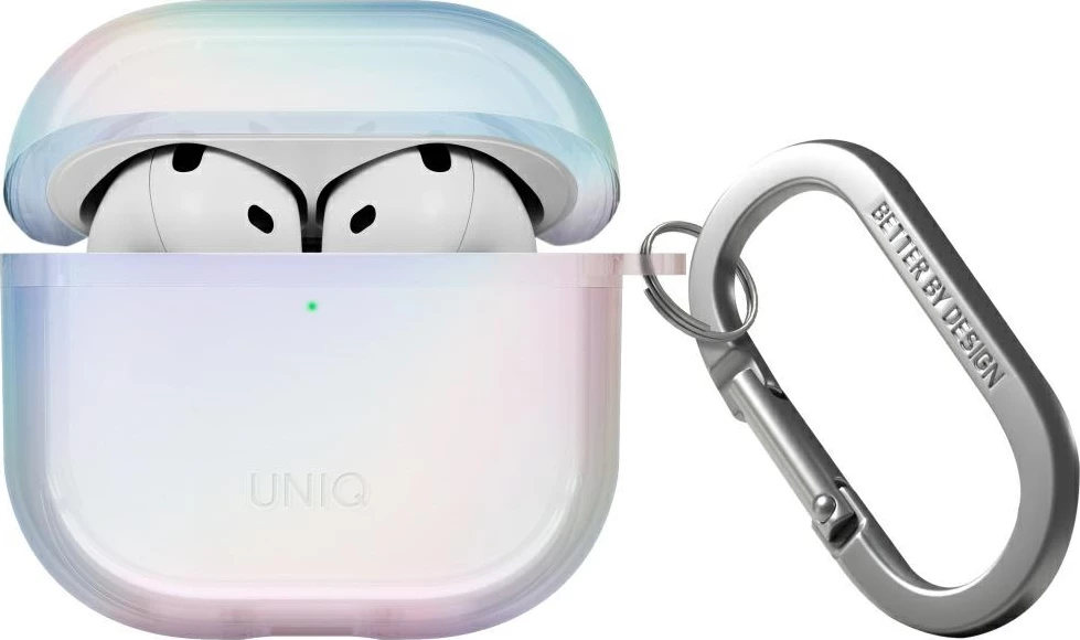 Holografski zaščitni ovoj za AirPods 4 UNIQ Iridescia, s karabino, Holo bela