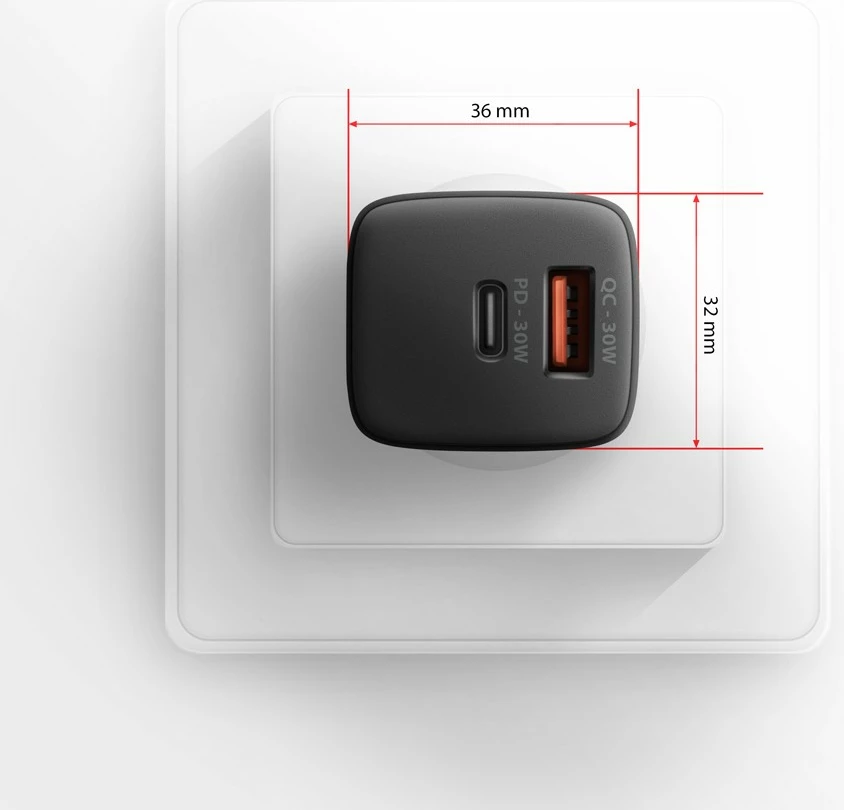 Hitri polnilec AXAGON ACU-PQ30, 30 W, 2 vrata (USB-A QC3.0/4.0 + USB-C PD3.0), črn