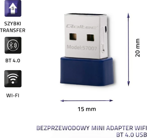 Brezžični WiFi in Bluetooth USB adapter Qoltec 57007, Navy
