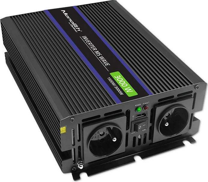 Pretvornik napetosti Monolith 3000 MS Wave Qoltec, 12V v 230V, 1500/3000W, USB, črn