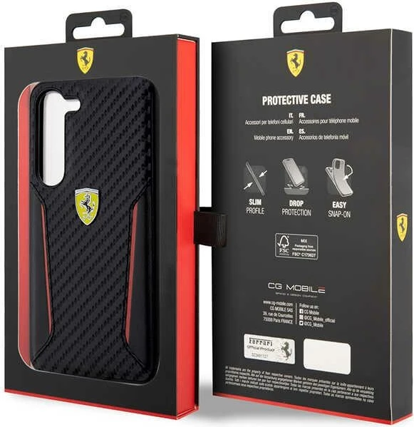 Ovitek za telefon Carbon Contrast Edges Ferrari FEHCS23MNPYK za Samsung Galaxy S23+, črn
