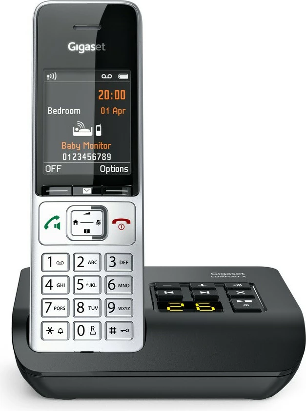 Fiksni telefon Gigaset COMFORT 500A, analogni/DECT, z avtomatskim snemalnikom, barvni zaslon, 200 stikov, črn/srebrn