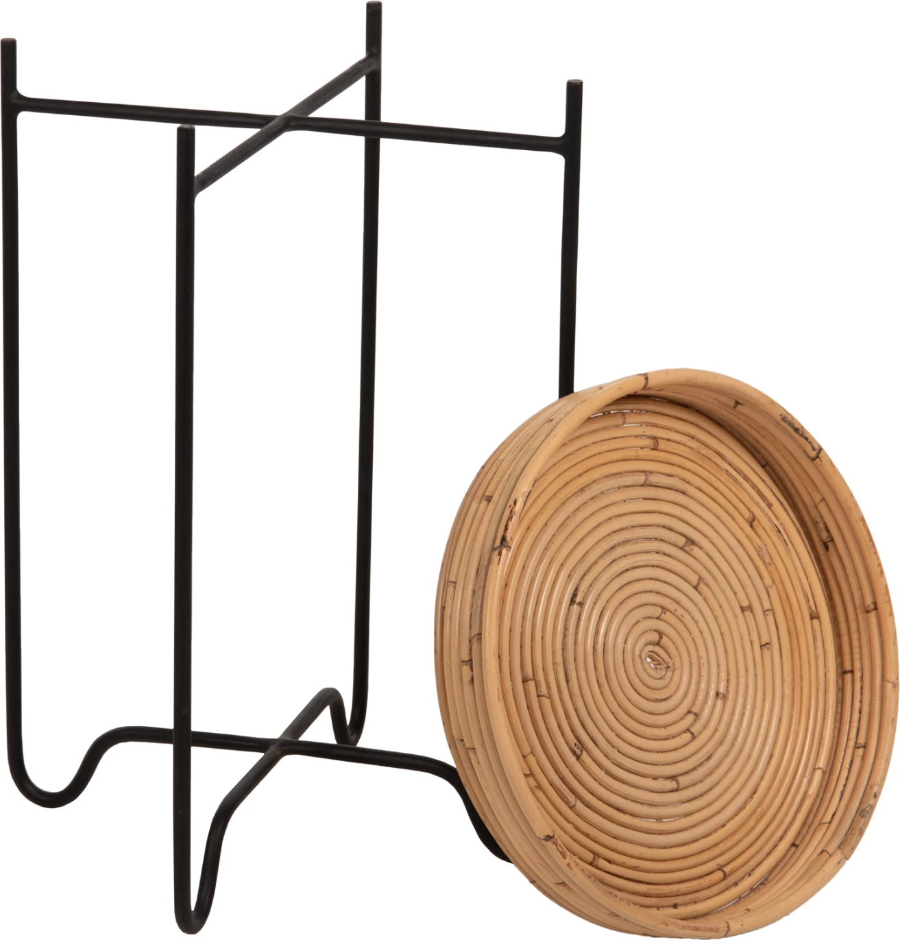 Okrogla stranska miza FLY FH7905 iz ratana v naravni barvi - črna kovinska osnova Φ32x48Hcm