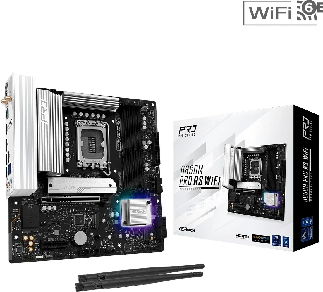 Matična plošča ASRock B860M Pro RS WiFi, micro ATX, LGA 1851, 256 GB, črna
