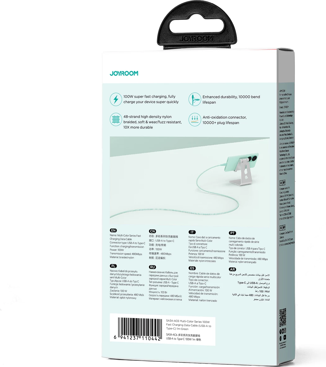 Kabel USB-A na USB-C, 1 m, 100 W, zelen, Joyroom Multi-Color Series S-A34