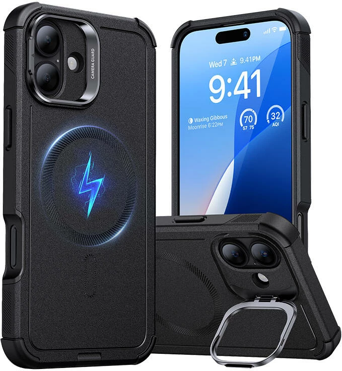 Zaščitni ovitek ESR Cyber Tough (HaloLock) za iPhone 16 Plus, z držalom, črn
