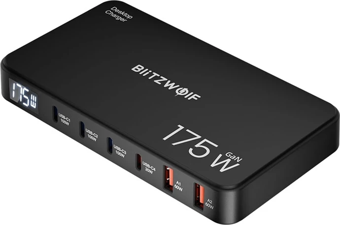Polnilna postaja 6-v-1 Blitzwolf BW-S30, 4x USB-C + 2x USB-A, 175 W, črna