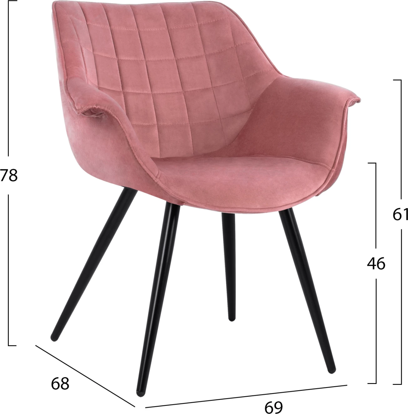 BENJAMIN žametni naslanjač v barvi prašno roza z kovinskimi nogami FH8682.02 69x68x78 cm, set 2 kosov