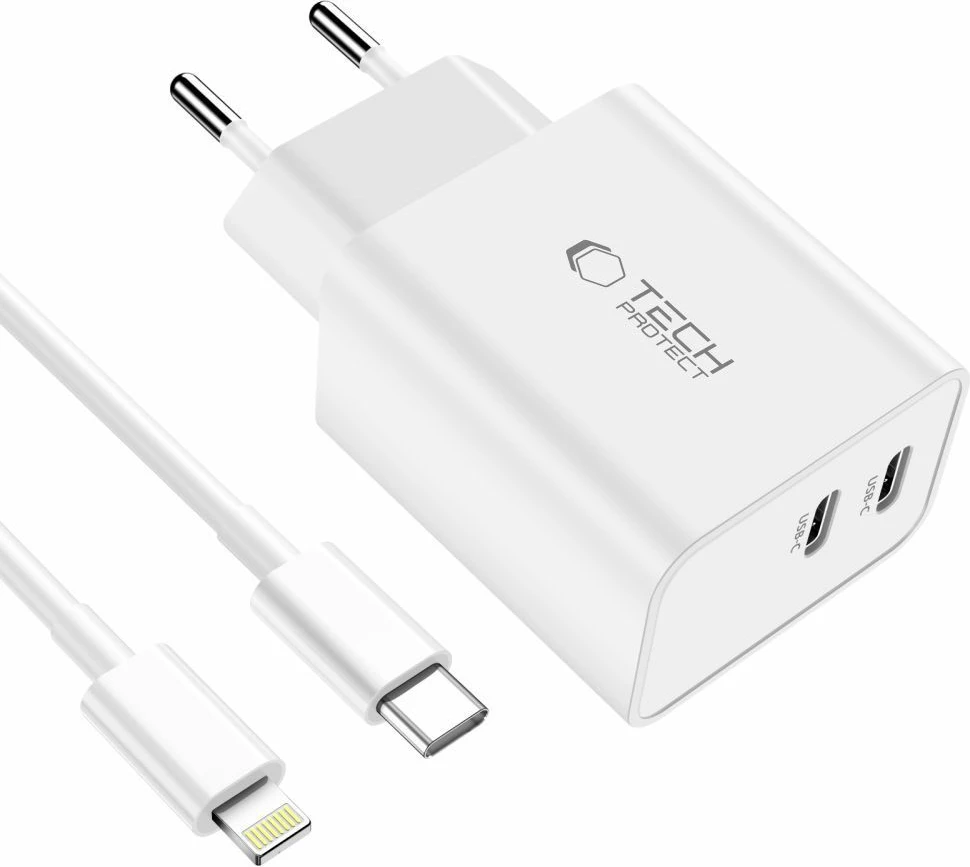 Stenski polnilec z 2 USB-C PD 35W in USB-C na Lightning kablom Tech-Protect C35W, bel