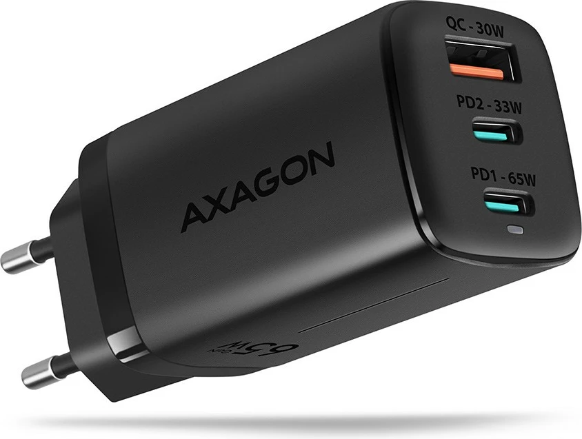 GaN polnilec AXAGON ACU-DPQ65, 65W, 3 vhodi (USB-A + 2× USB-C), črn