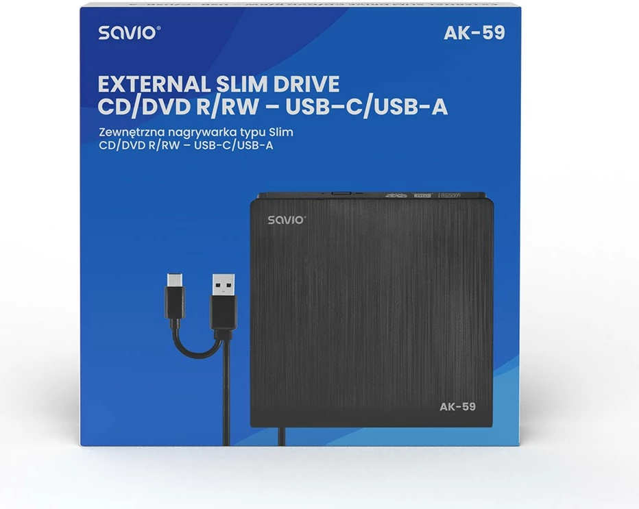 Zunanji CD/DVD bralnik/pisec Savio AK-59, USB-C/USB-A, črn