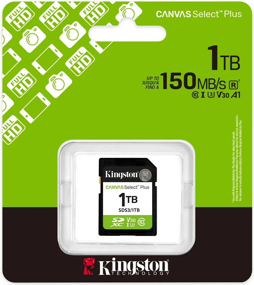 Kartica pomnilnika SDXC Canvas Select Plus Gen3 1TB, 150MB/s, UHS-I U3 V30, Kingston, črna