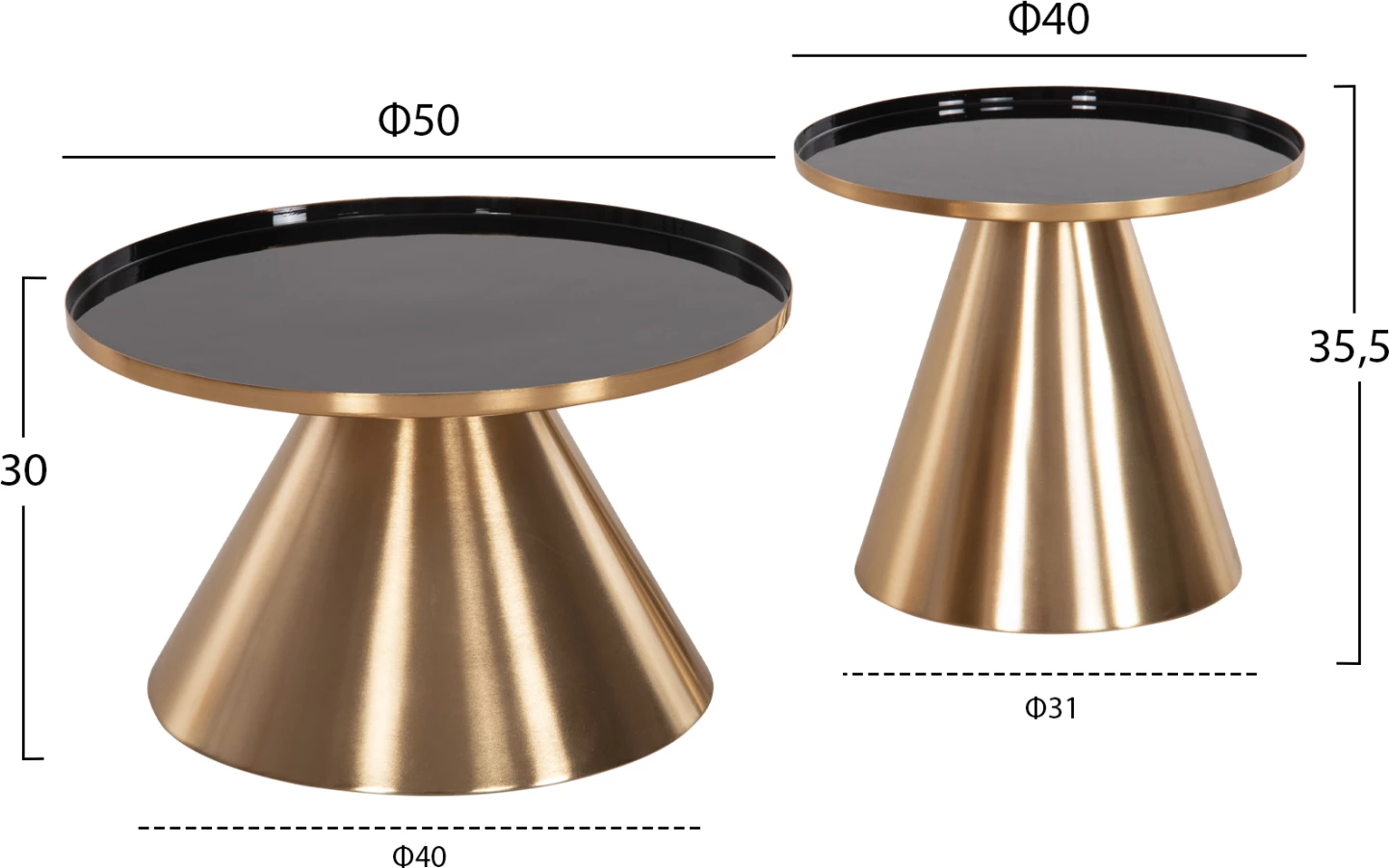 Klubske mizice 2 kosa LORME FH9923 kovinske v črni in zlati barvi Φ50 & Φ40 cm
