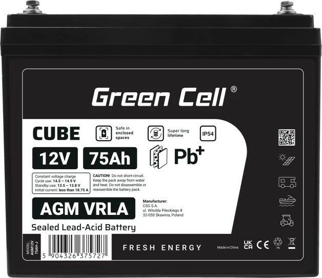 Baterija AGM VRLA 12V 75Ah Green Cell AGM12V75AH-J, IP54, črna