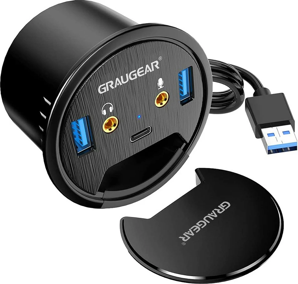 USB razširitveni hub, 5 vrat, avdio/mikrofon, USB 3.0/Type-C, GrauGear, črn