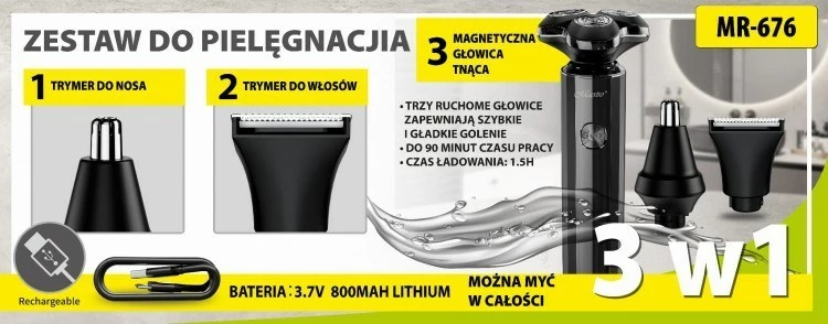 Električna brivnik z 3 v 1, trimer, USB Type-C, črn Maestro MR-676