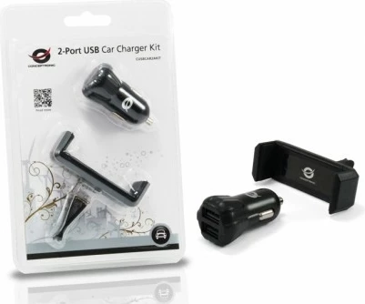 Avtomobilski polnilnik s 2x USB-A in nosilcem za telefon, 10W, Conceptronic KFZ-Ladegerät, črn