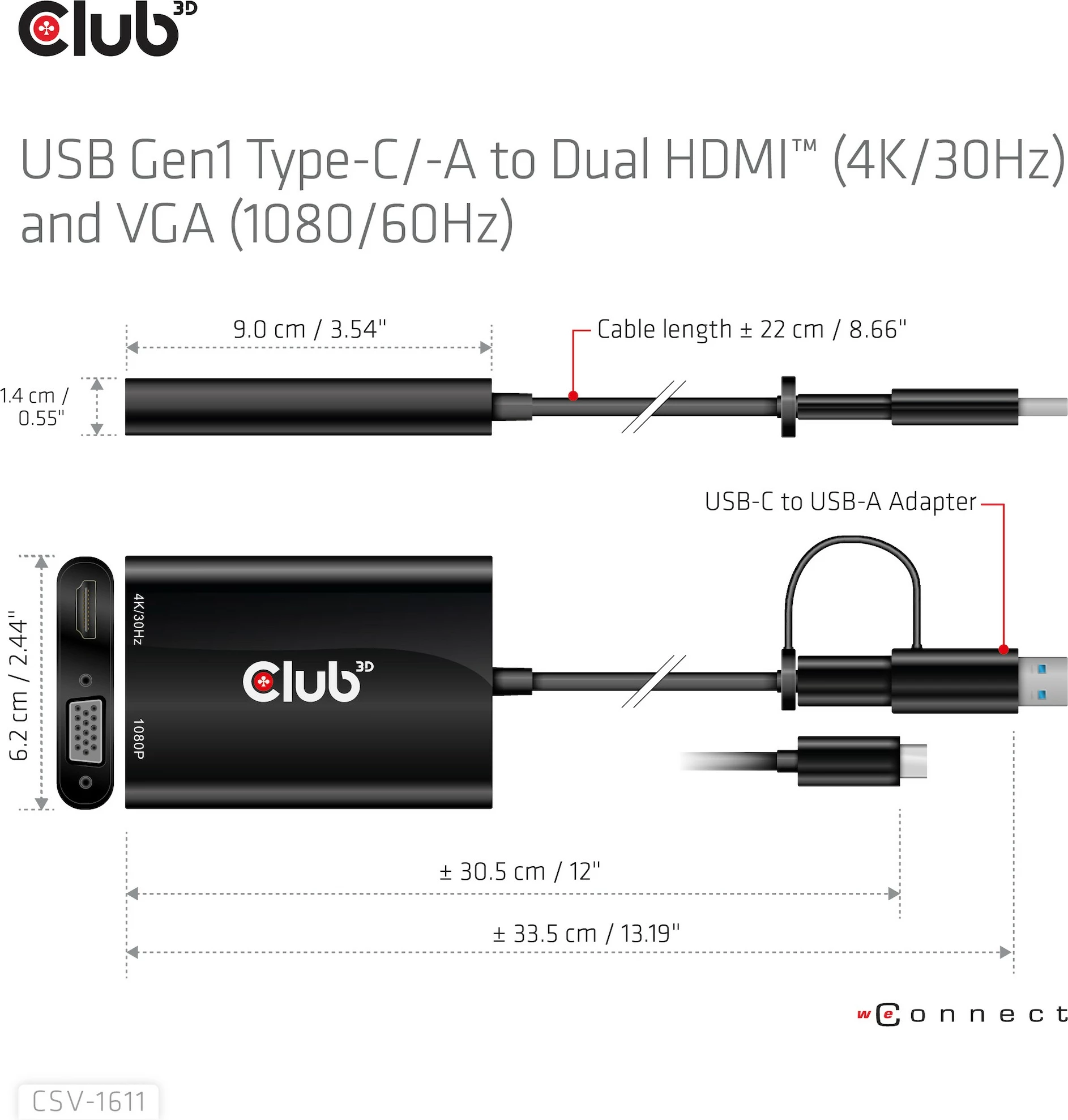 Adapter za USB Type-C/A na HDMI/VGA, 4K, črn - Club3D
