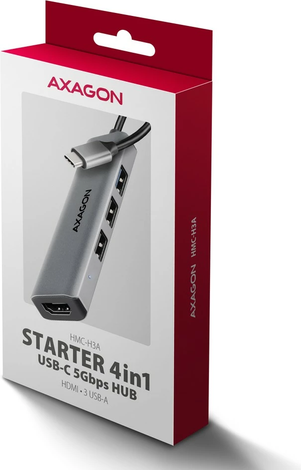 Večportni USB razdelilec 4 v 1 AXAGON HMC-H3A, 5 Gbps, 3x USB-A + HDMI 4K, kovinsko ohišje, USB-C, siv