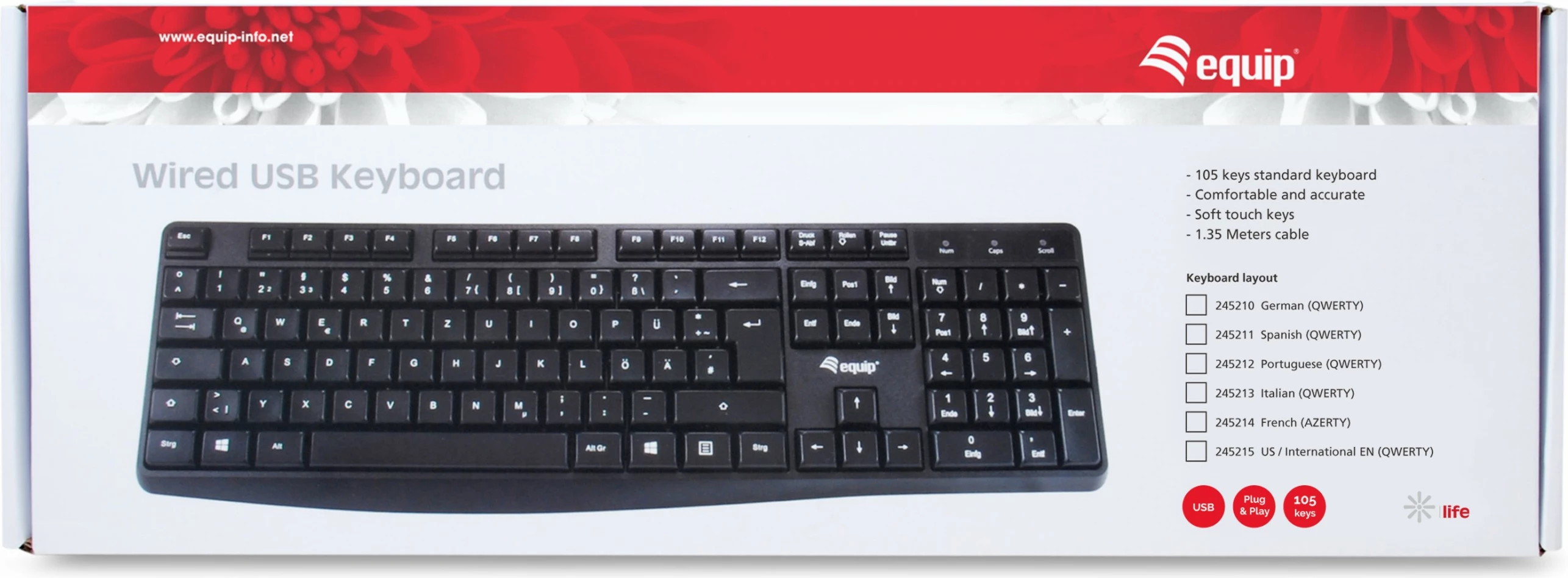 Polna tipkovnica EQUIP 245213, USB, QWERTY italijanščina, črna