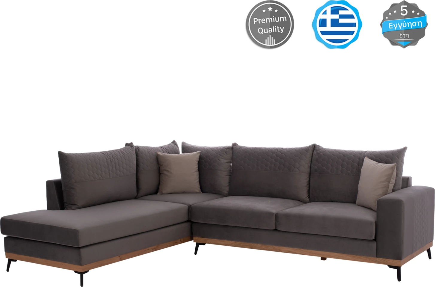 Kotna sedežna garnitura MESINA, siva, visoke noge, 2 kosa, levi kot, tkanina, odporna na madeže in vodo