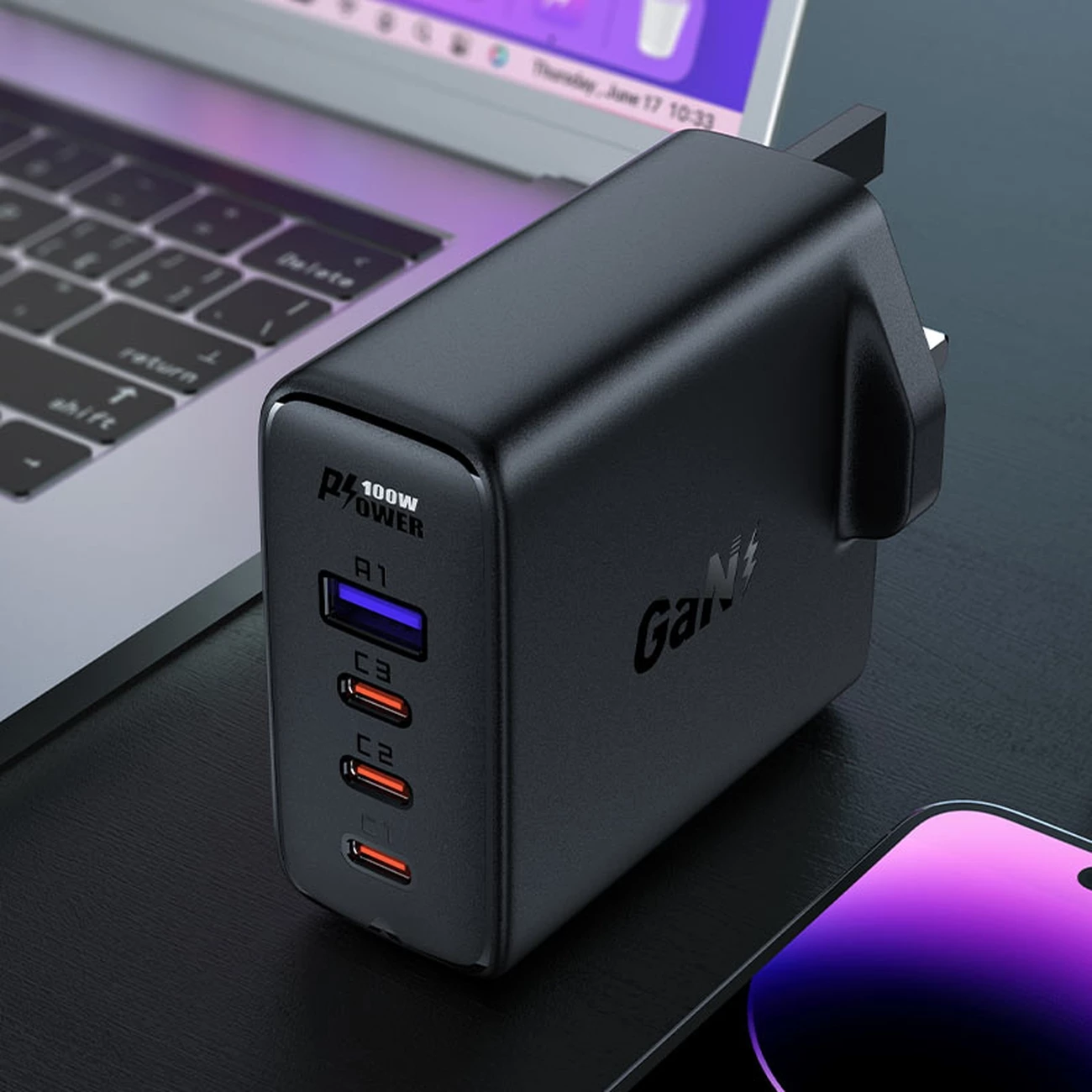 Hitri zidni polnilec Acefast A40, 100 W, 3x USB-C, 1x USB-A, GaN, z USB-C kablom, UK vtič, črn