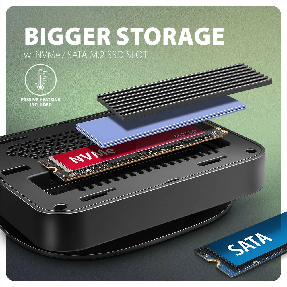 Multiportni USB-C hub, AXAGON HMC-UFO, 9-v-1, 10Gbps, 2x USB-A, HDMI 4K/60Hz, M.2 NVMe/SATA, avdio, PD 100W, SD/microSD, Gigabit Ethernet (RJ-45), 65 cm USB-C kabel, črn/srebrn