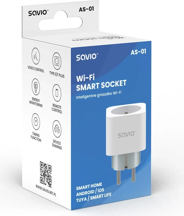 Pametna vtičnica SAVIO AS-01, Wi‑Fi, 16A, bela