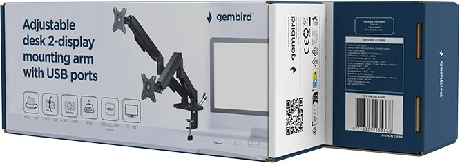 Nastavljiv nosilec za dva monitorja GEMBIRD MA-DA2U-01, za 17–32", z USB priključki, črn