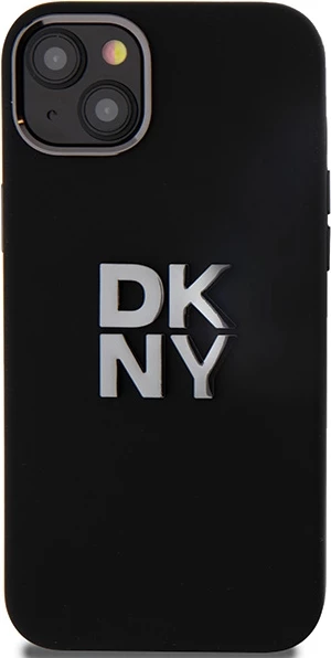 Ovitek za telefon iz tekočega silikona z metalnim logotipom za iPhone 15 Plus / 14 Plus, DKNY, črn