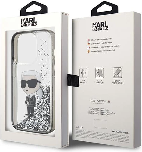 Ovitek za telefon Ikonični tekoči bleščice za iPhone 15 Pro, prozoren, Karl Lagerfeld