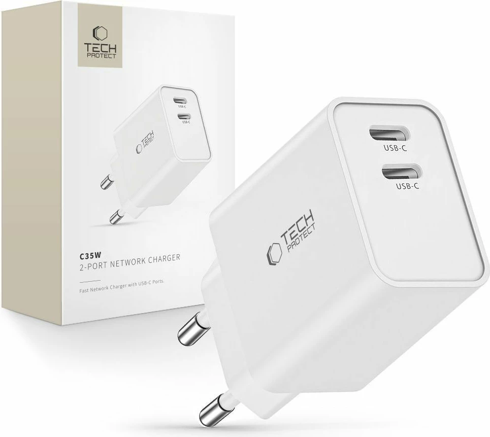 Omrežni polnilnik, 2x USB-C PD 35W, bel — Tech‑Protect C35W