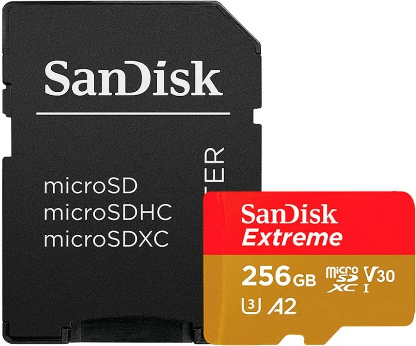 microSD kartica SanDisk Extreme Plus, 256 GB, z adapterjem, rdeče/rumena